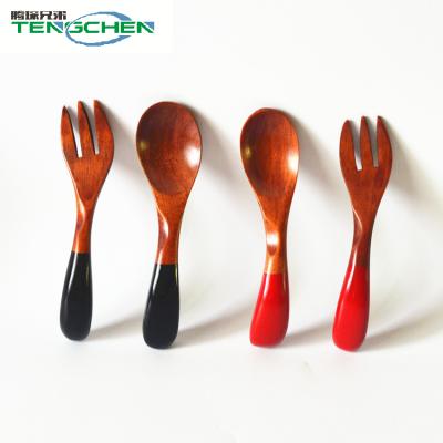 China Viable Creative Kids Mini Cutlery Wooden Fork Spoon Matte Red Black Wooden Fork Spoon With Children's Spoon for sale