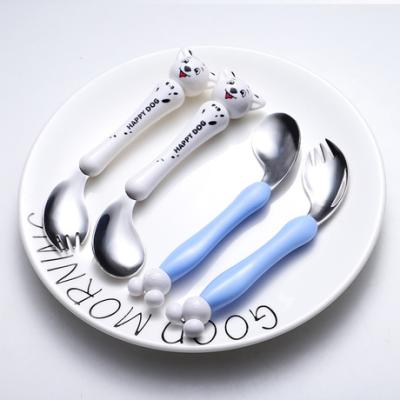 China Mother and Baby Stocked Gift Box Set Stainless Steel Mouth Twisted Children's Practice Fork Spoon Baby Eating Tableware for sale