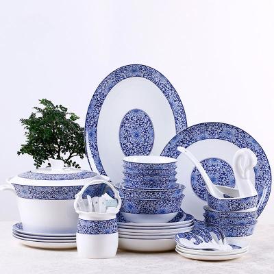 China Blue And White Porcelain Jingdezhen Gift Set Porcelain Tableware Hand Painted Chinese Landscape 56 Bowls And Dishes for sale