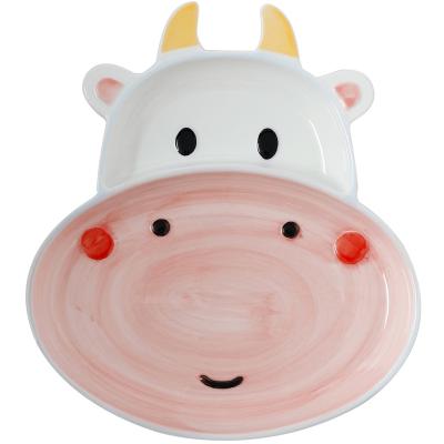 China Cute Cow Bowl Dish Cup Grid Dish Cartoon Cow Gift Drinking Blue To Children Underlay Color Hand Painted Children's Cutlery Set for sale