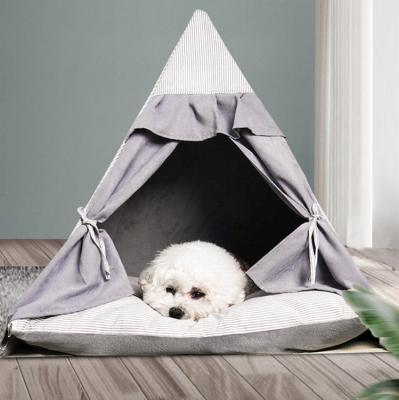 China Travel Drop Shipping Kennel Bed Dog Teepee Tent for Dogs, Teepee Canvas Fabric Pet Teepee Rooms with Mat, Hard Wooden Pole for sale