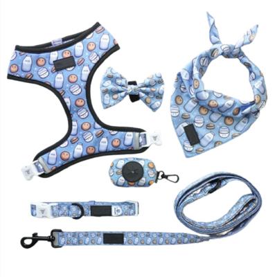 China Custom OEM Accept Adjustable Dog Collar Leash and Reversible Harness Set Dog Bow Leather Leash Set for sale