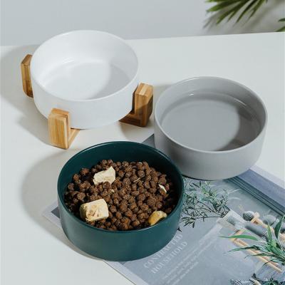 China Sustainable Ceramic Elevated Pet Bowls Double Raised Food And Water Bowl Set For Cat And Small Dogs With Wooden Stands Eco Friendly Bowl for sale