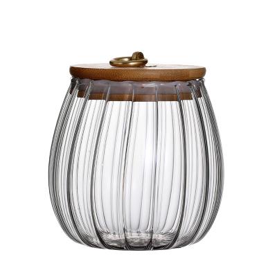 China Coffee Bamboo Candy Freshness Preservation Factory Direct Sale Lid Storage Bottle Kitchen Grain Glass Striped Jar for sale