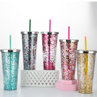 China Reusable Customized Sparkly Glitter Powder Drinkware Drinkware Drinkware Beverage Cup Reusable Minimalist Portable Instant Portable Plastic Water Bottle Cup With Straws Lid for sale