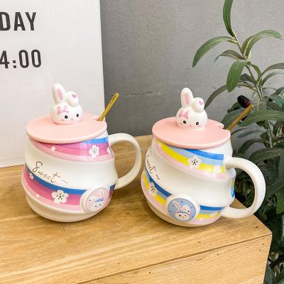 China Pot Belly Cup Cartoon Cute Threaded Bunny Ceramic Coffee Cup With Lid And Spoon Student Creative Viable Couple Cup Christmas Gift for sale