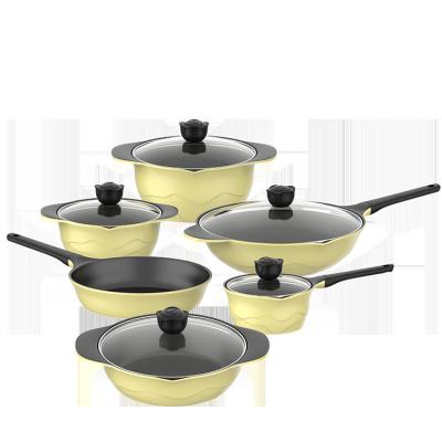 China Sustainable Yellow Asd Peony Series Aluminum Die Casting Cookware Set Aluminum Cookware Set Kitchen Cookware Set for sale