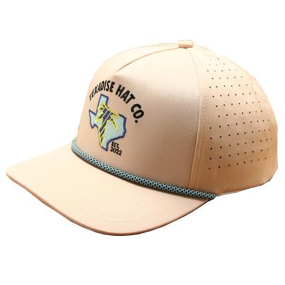 China COMMON High Quality Custom 5 Panel Rubber Pvc Logo Rope Baseball Cap,Waterproof Laser Cut Hole Perforated Hat,Performance golf Dad Hat for sale