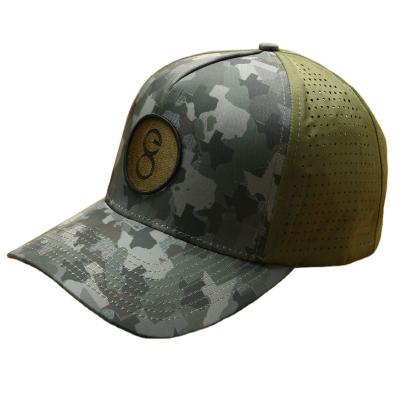 China COMMON Custom Camouflage pattern 5 Panel Laser Cut Hole Perforated Gorras,Sports Performance Hat Men Water Resistant Proof Baseball Cap for sale