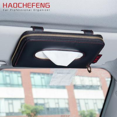 China Car Rectangle Micro-fiber Leather Car Towel Container Facial Shade Storage Tissue Holder Hanging Box for sale