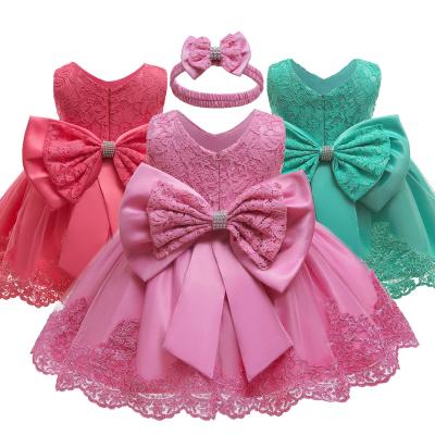 China Baby Bow Princess Skirt Color Sleeveless Sheer Lace Embroidered Party Dress For Baby for sale