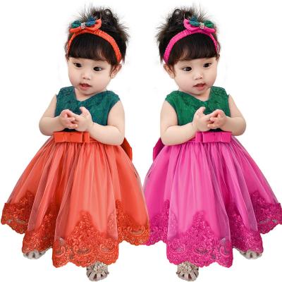 China Baby Bow Princess Skirt Patchwork Color Sleeveless Lace Embroidered Party Dress for Baby for sale