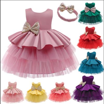 China Pompous Children's Bow Sequin Baby Bow Princess Skirt Pure Color Gauze Show Sleeveless Dress for sale