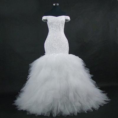 China Breathable 2205 Off Shoulder Ruffle Mermaid Wedding Dress Sexy Luxury Backless Long Train Bridal Formal for sale