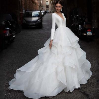 China Simple super fairy dream 2204 breathable slim sexy deep V-neck wedding dress 2022 wedding pipeline satin temperament long trailing dress wedding her for sale