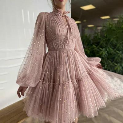 China 2205 Anti-Static Casual Women Dress Mesh Patchwork Lace Up Lantern Soft Long Sleeve Women Sequin Dress for sale