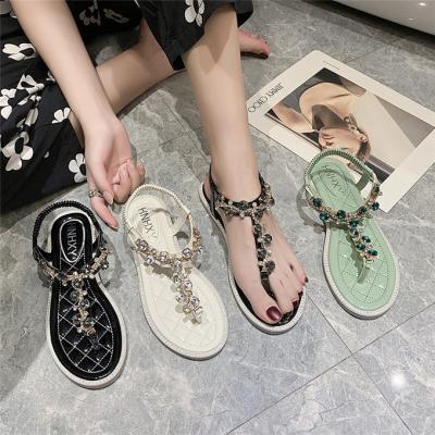 China Fashion trend shiny PU with rhinestone decorated ladies sandals 2022 flat sandals for women and ladies for sale