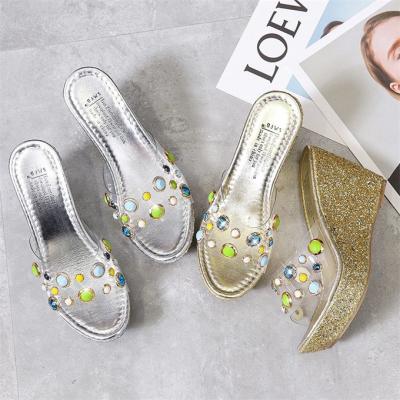 China Fashion trend low MOQ sparkle clear outsole upper heels ladies wedge sandals for sale