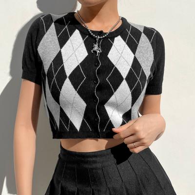 China GHX3703 Anti-wrinkle summer women diamond check contrast breasted cardigan crop top knit short sleeve sweater for sale