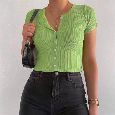 China GHX1986 Anti-wrinkle Summer 2021 Women Button Up Short Sleeve Ribbed Cardigan Ladies Tops Blouse for sale