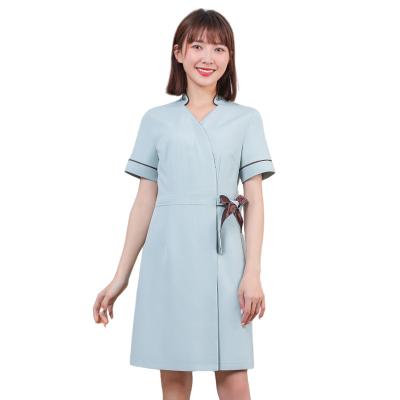 China High value and high quality modern waist tie dress, beauty salon, beauty agency uniform for sale