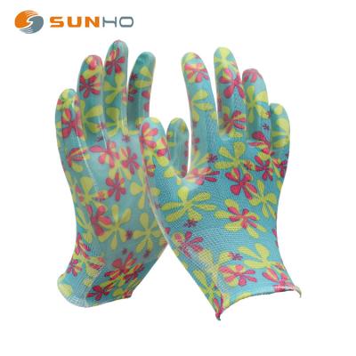 China Daily Safety Gauge 13 Active Life Gloves Iiner Floral With Nitrile Coated On Palm And Finger Safety Garden Gloves for sale