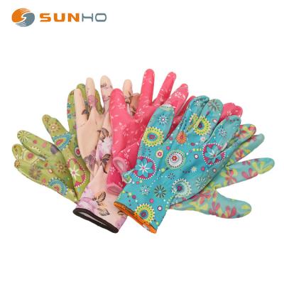 China Lightweight Sunnyhope Flower Colorful Printed Transparent Nitrile Coated Women Garden Gloves for sale