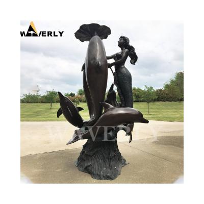 China Europe Beautiful Metal Dolphin Statue Fountain Bronze Animal Water Fountain With Mermaid Statue for sale