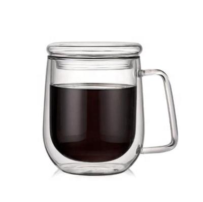 China 300ml Transparent Coffee Double Wall Handmade Insulated Glass Mug With Handle And Lid for sale