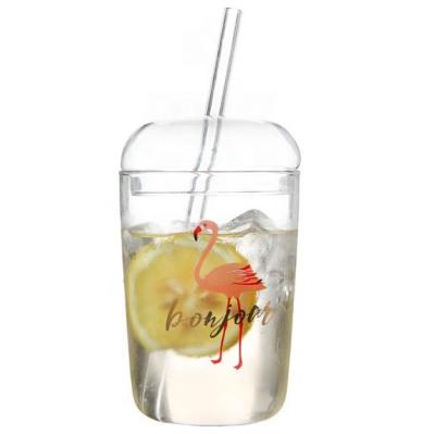 China Reusable 16oz Bar Borosilicate Glass Bubble Tea Cup With Glass Straw And Lid Customized Logo for sale