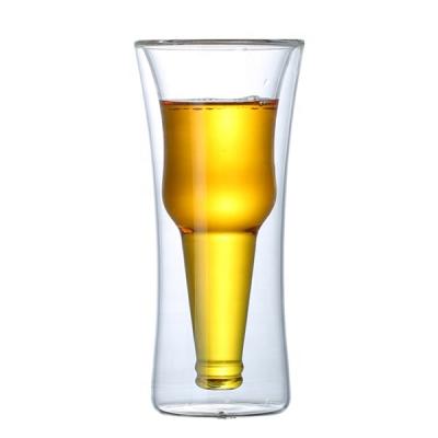 China New 250ml Borosilicate Glass Classic/Postmodern Handmade Hopside Down Long Neck Beer Glass Double Wall Mug for sale