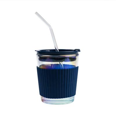 China Sustainable 12oz Food Grade Travel Glass Tumbler Cup With Lid And Silicone Straw for sale