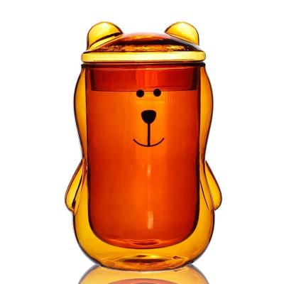 China 300ml Viable Cartoon Cute Bear Double Wall Glass Coffee Mugs for sale