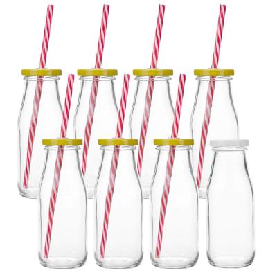 China Drink 11 oz vintage glass milk bottle with straws and white metal lid for sale