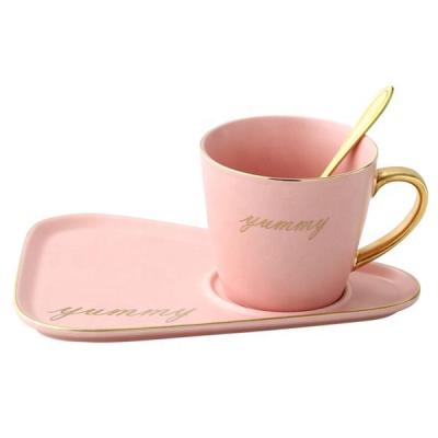 China Sustainable Nordic New Style 260ml Ceramic Coffee Cup And Saucer Set With Golden Spoon for sale