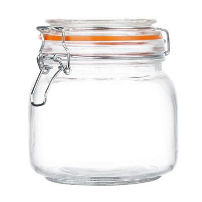 China 25oz Canned Glass Food Preservation Jar with Hinged Lids and Orange Leak Proof Silicone Gasket for Kitchen Use for sale