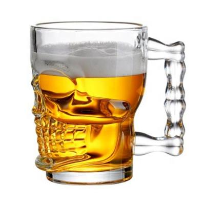 China Europe 10oz Skull Shape Glass Beer Mug With Handle And Heavy Base For Halloween Decorations Water, Juice And Beverage Gifts for sale