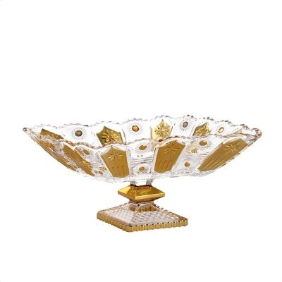 China Sustainable Gold Glass Fruit Tray With Decal Electroplate High End Glassware Gold Glass Plates For Food for sale