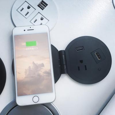 China Dual USB Ports Diameter 90mm Charging Plastic Power Outlet With 1 US Plug With Wireless Charger /US Desktop Grommets With Power for sale