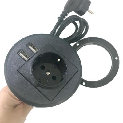 China Dual USB Charging Ports Around Mini EU Outlet Plug Type Power Grommet In Black Recessed Hidden In Desk With 2 USB Ports for sale