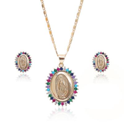 China Christian Religious Diamond Cubic Zirconia Virgen De Guadalupe Virgil Mary Earring Pendant Necklace Sets For Women Jewelry for sale