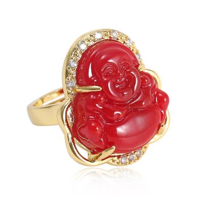 China Religious 18k Gold Plated Hot Sale Jewelry Adjustable Natural Agate Gemstone Laughing Jade Buddha Head Ring for sale