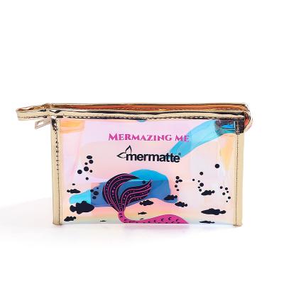 China Custom Clear PVC Hologram Beauty Pouch Clear Cute Shiny Cosmetic Eco-Friendly Makeup Bag Mermaid Bolso de Cosmeticos for sale