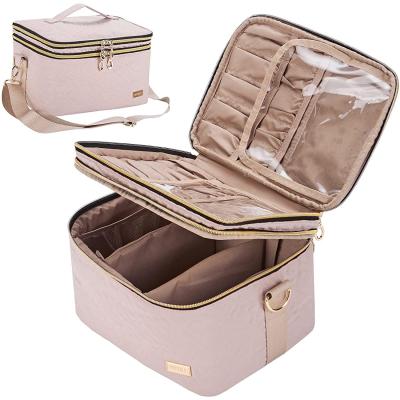 China Custom Large Capacity 2 Layer Travel Toiletry Bag Makeup Organizer Box Large Cosmetic Case With Strap Adjustments Brushes Bottles Tweezers Eyeliner for sale