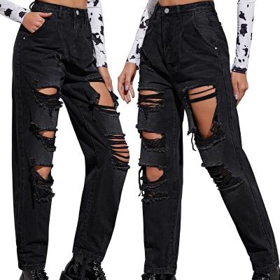 China Haisen Waterproof High End Custom Premium Ripped High Leg Jeans Women Straight Waist Distressed Vintage Boyfriend Loose Jeans for sale