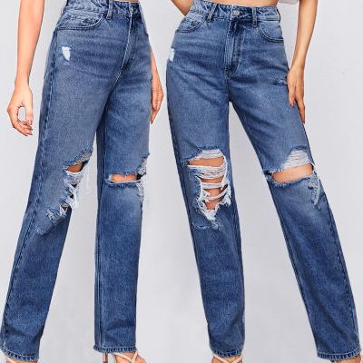 China Women's Casual Lattice Pants Leg Women Waterproof Straight Wide Leg Jeans 2022 Loose Ripped Women Jeans Ladies Denim Pants for sale