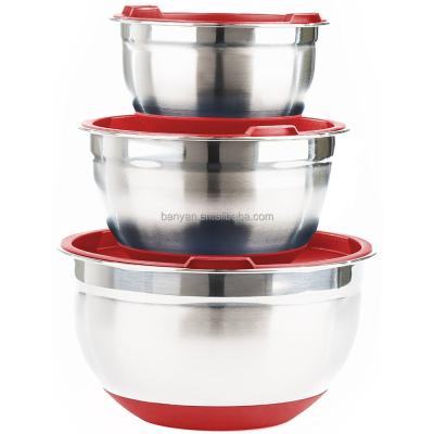 China Non Slip Sustainable Silicone Base Salad Bowl Stainless Steel Mixing Bowl Set With Lids for sale