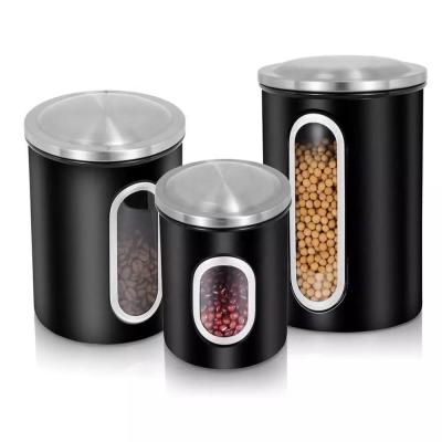 China Wholesale Coffee Safe Storage Sugar Tea Food Freshness Preservation Metal Kitchen Stainless Steel Window Airtight Canister Set for sale