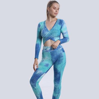 China Women's Seamless Yoga Suit Women's Casual Cross Tie Dye Top High Waist Pants Sexy Woman Sports Suit Colorful Fitness Breathable for sale