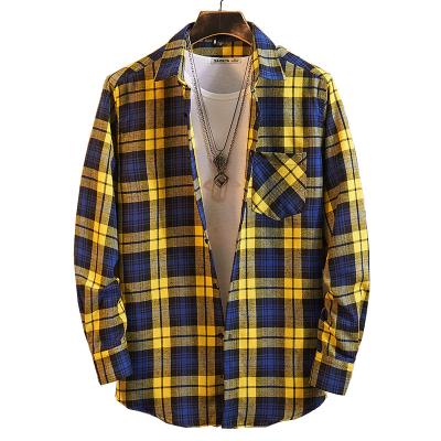 China Custom logo embroidery anti-pilling cotton plaid flannel men's yellow long sleeve shirt for sale